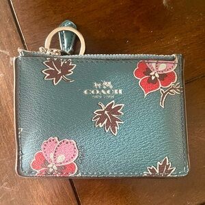 Coach Teal Floral Leather Card Holder Keyring